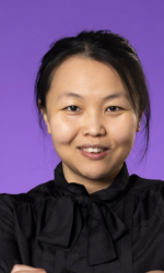 Purple background with person smiling
