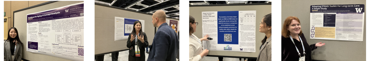 Photos of students and faculty presenting academic posters