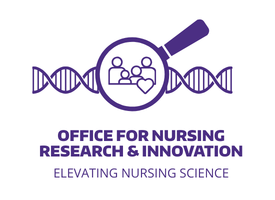Office for Nursing Research & Innovation logo featuring a magnifying glass over an outline of three people, framed by two stylized DNA strands, with the text ‘Office for Nursing Research & Innovation, Elevating Nursing Science.