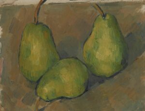 Three pears painting by Paul Cezanne. A still-life painting of three green pears on a muted brown surface, with two pears standing upright and one lying on its side. The brushstrokes are textured and impressionistic, giving the fruit a soft, natural appearance.
