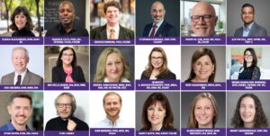 Grid of professional speaker headshots arranged in rows, each framed with a purple nameplate and credentials, representing keynote speakers for a healthcare and nursing conference