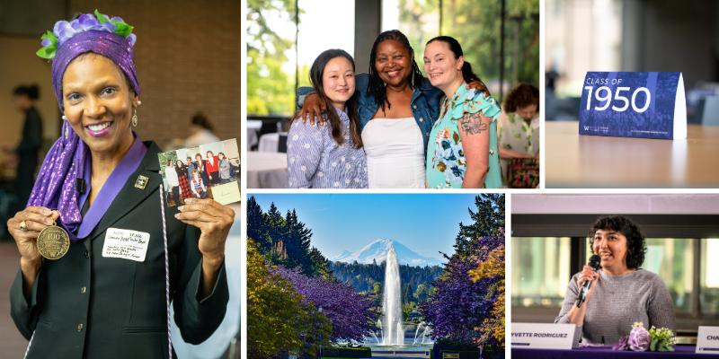 Collage of alumni event moments: a person holding a medal and photo, a group posing together, a 'Class of 1950' sign, a campus fountain with mountain view, and a speaker at a panel.