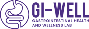 Purple logo featuring a stylized outline of a stomach and intestines inside a circle, next to the text “GI-WELL” and “Gastrointestinal Health and Wellness Lab.”