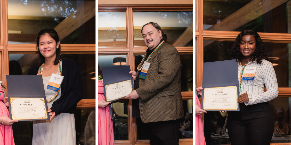 The uploaded image shows a three-panel collage of different individuals receiving scholarship certificates at what appears to be a formal event.