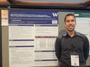 Researcher standing beside a scientific poster presentation titled “Associations Between Physical Activity and Sarcopenia in Older People With HIV: Findings From the PROSPER-HIV Study” at the 16th Intrinsic Capacity, Frailty and Sarcopenia Research Conference for Healthy Longevity. The poster highlights University of Washington research on physical activity, sarcopenia, and aging among older adults with HIV.