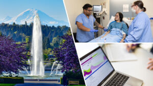 Scene from UW campus, clinical nursing student, data on laptop screen