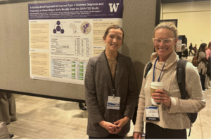 Two conference attendees pose beside a University of Washington research poster during a poster session at a dissemination and implementation science conference.